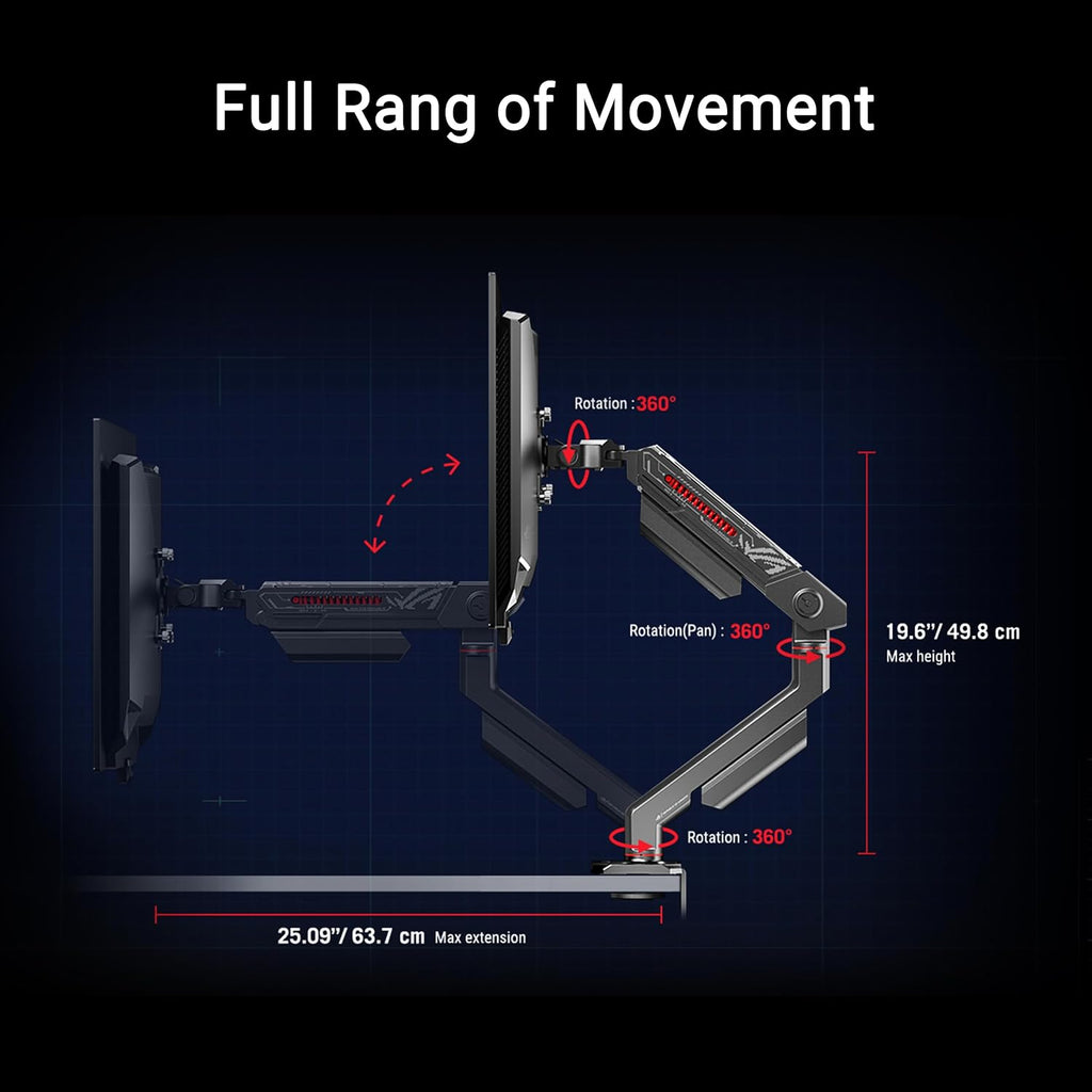 ASUS ROG Ergo Monitor Arm (AAS01) - Monitor Mount with Cable Management, Ergonomic, Pivot, Swivel, Height Fully Adjustable, Clean Desk Setup, up to 39 inches*,23lbs*, VESA 100x100, Mechanical Spring