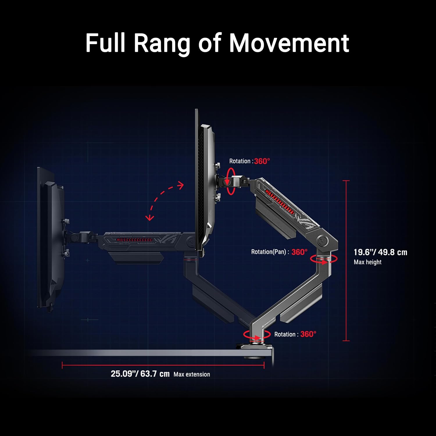 ASUS ROG Ergo Monitor Arm (AAS01) - Monitor Mount with Cable Management, Ergonomic, Pivot, Swivel, Height Fully Adjustable, Clean Desk Setup, up to 39 inches*,23lbs*, VESA 100x100, Mechanical Spring