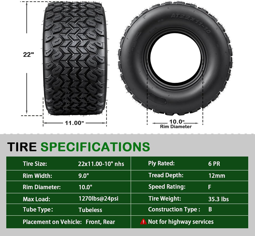 TRIPOWER 22x11.00-10 Golf Cart Tires - 22x11x10 DOT Street Tires for Golf Cart EZGO Club Car, All Terrain, 6PR Tubeless, 1270lbs Capacity, Set of 2