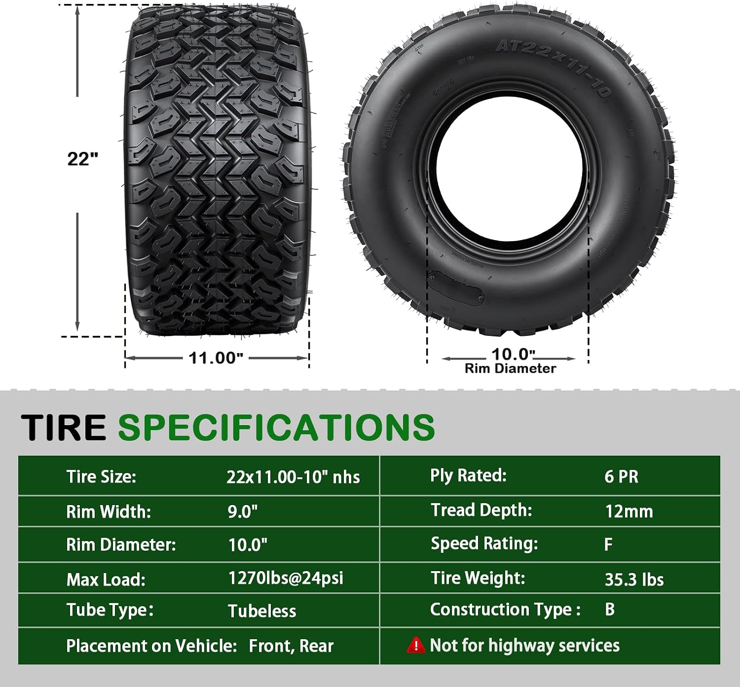 TRIPOWER 22x11.00-10 Golf Cart Tires - 22x11x10 DOT Street Tires for Golf Cart EZGO Club Car, All Terrain, 6PR Tubeless, 1270lbs Capacity, Set of 2