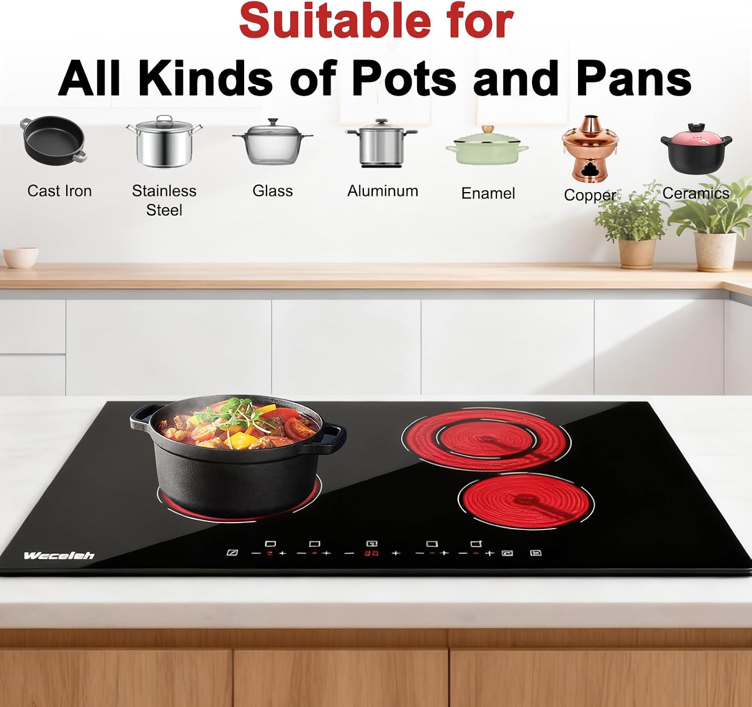 30 Inch Electric Cooktop 4 Burners, 6700W Built-in Electric Stove Top, Touch Control with 9 Power Levels, Hot Surface Indicator, Child Safety Lock, 99-Min Timer, 220-240V