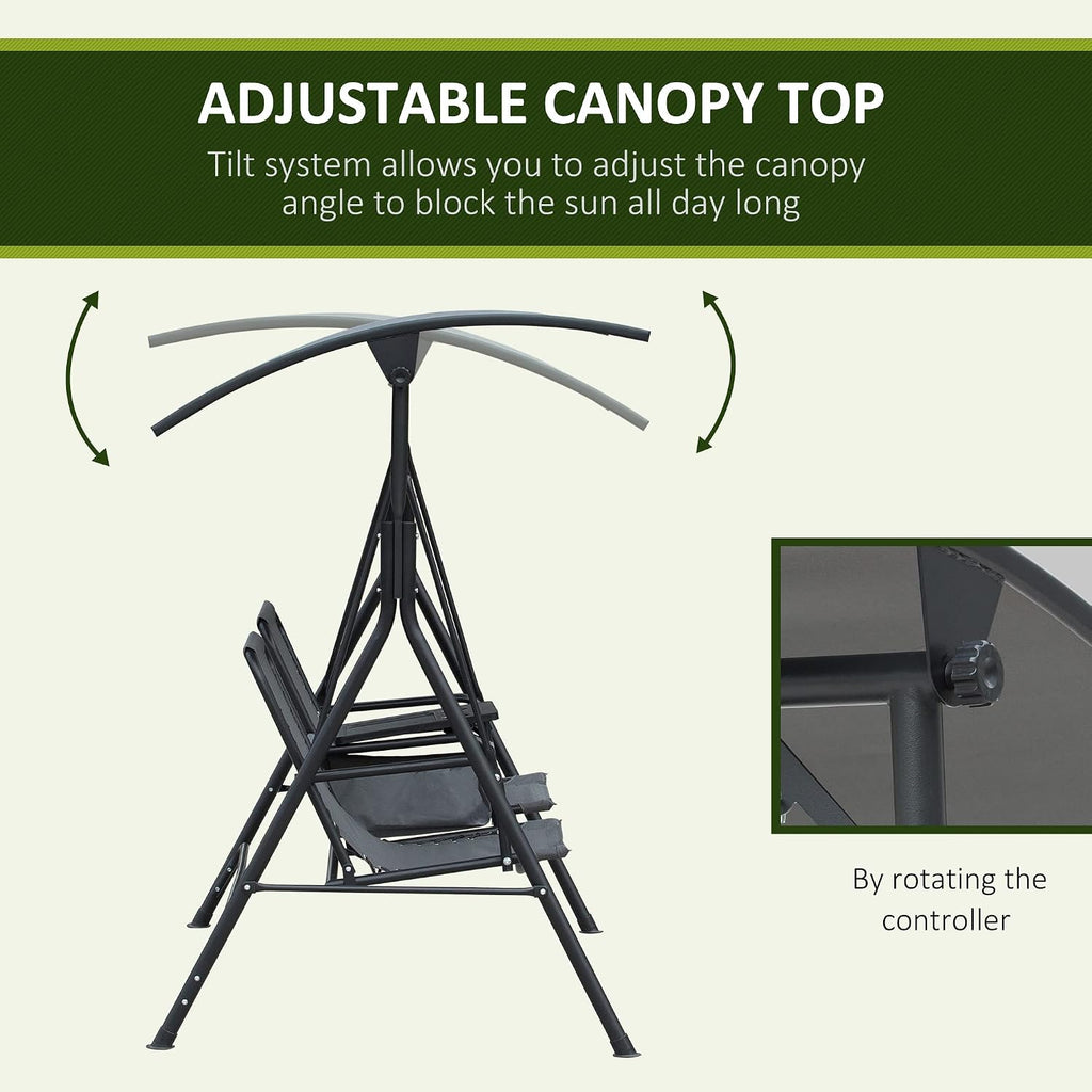 Outsunny 2-Seater Patio Swing Chair, Outdoor Canopy Swing Glider with Pivot Storage Table, Cup Holder, Adjustable Shade, Bungie Seat Suspension and Weather Resistant Steel Frame, Gray