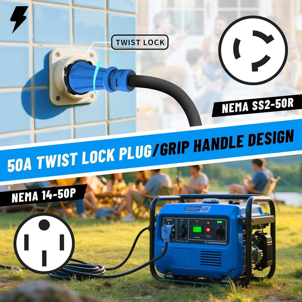 50 Amp Generator Cord 50FT, NEMA 14-50P to SS2-50R Heavy Duty Generator Extension Cord, Female Plug with Twist Lock, 6/3+8/1 Gauge STW Wire for Camper & House, ETL Listed
