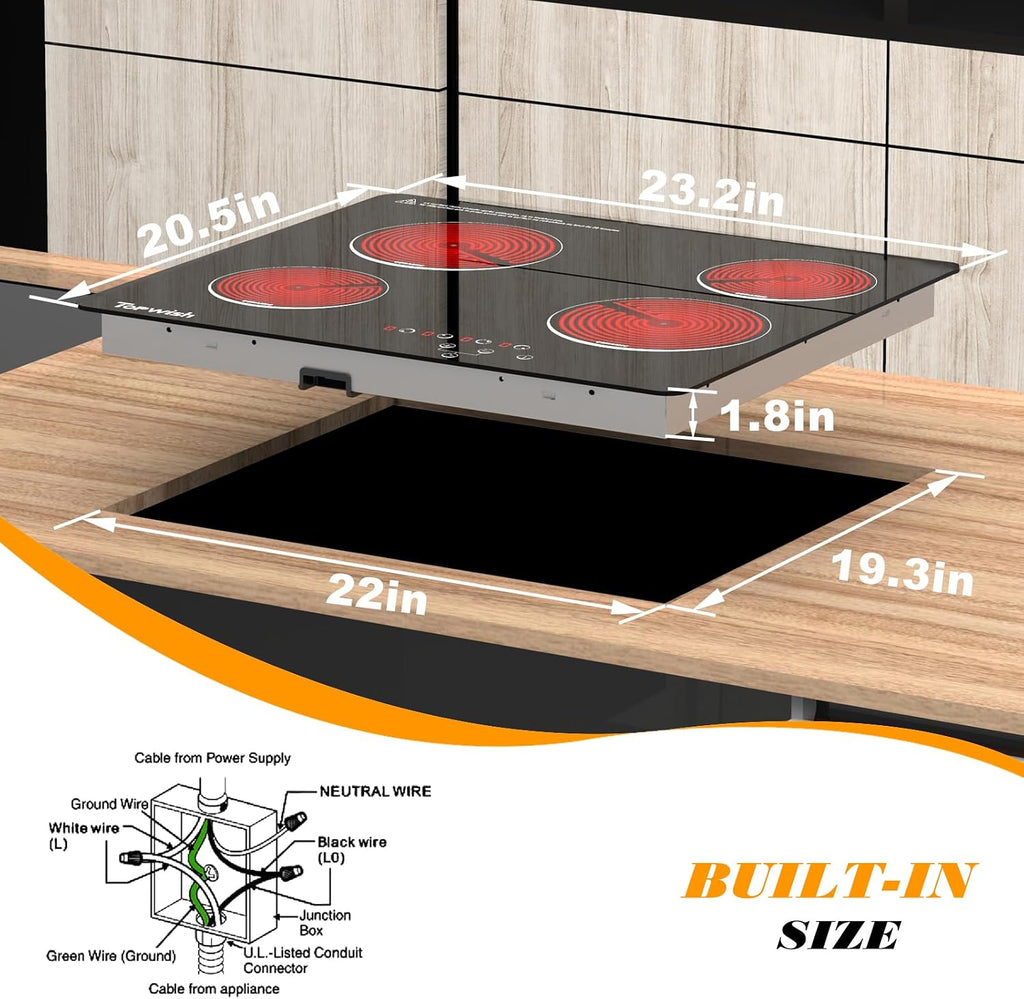 4 Burner Electric Cooktop, TOPWISH 24 Inch, Built-in Electric Stove Top, 220-240v Radiant Cooktop with Child Lock, Touch Control, Residual Heat Indicator, Overheat Protection, Hard Wire (No Plug)