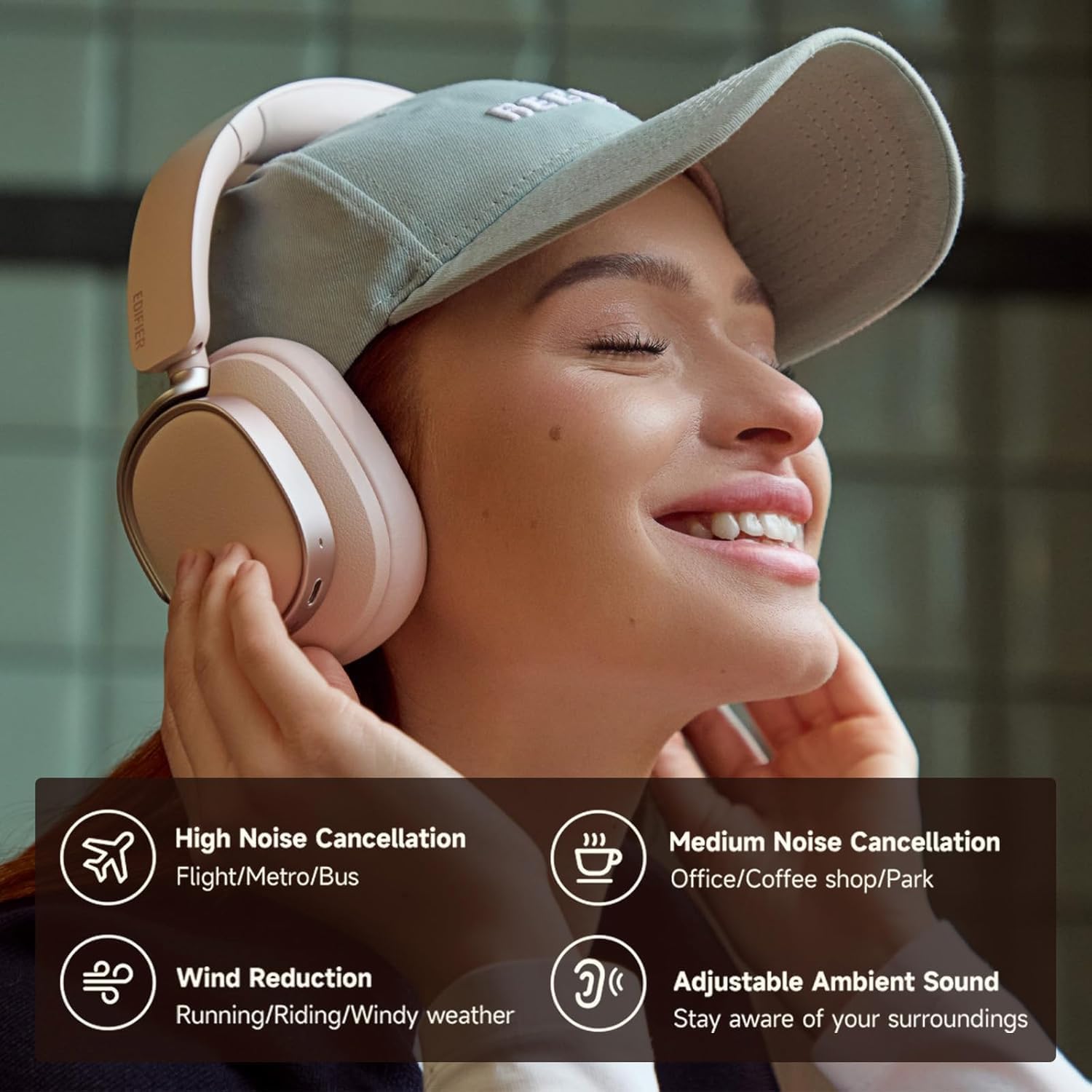 Edifier ES850NB Active Noise Cancelling Headphones, Over Ear Bluetooth Headset, 92H Playtime Wired & Wireless Hi-Res Audio Certified, Fast Charging Clear Calls for Home Office Travel (Pink)