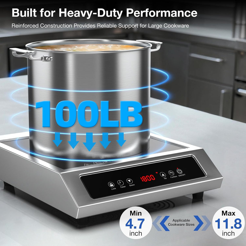 1800W Commercial Induction Cooktop, 120V Stainless Steel Electric Countertop Burner with Digital Touch Panel, 3-Hour Timer - Portable Hot Plate for Restaurant, RV or Food Truck