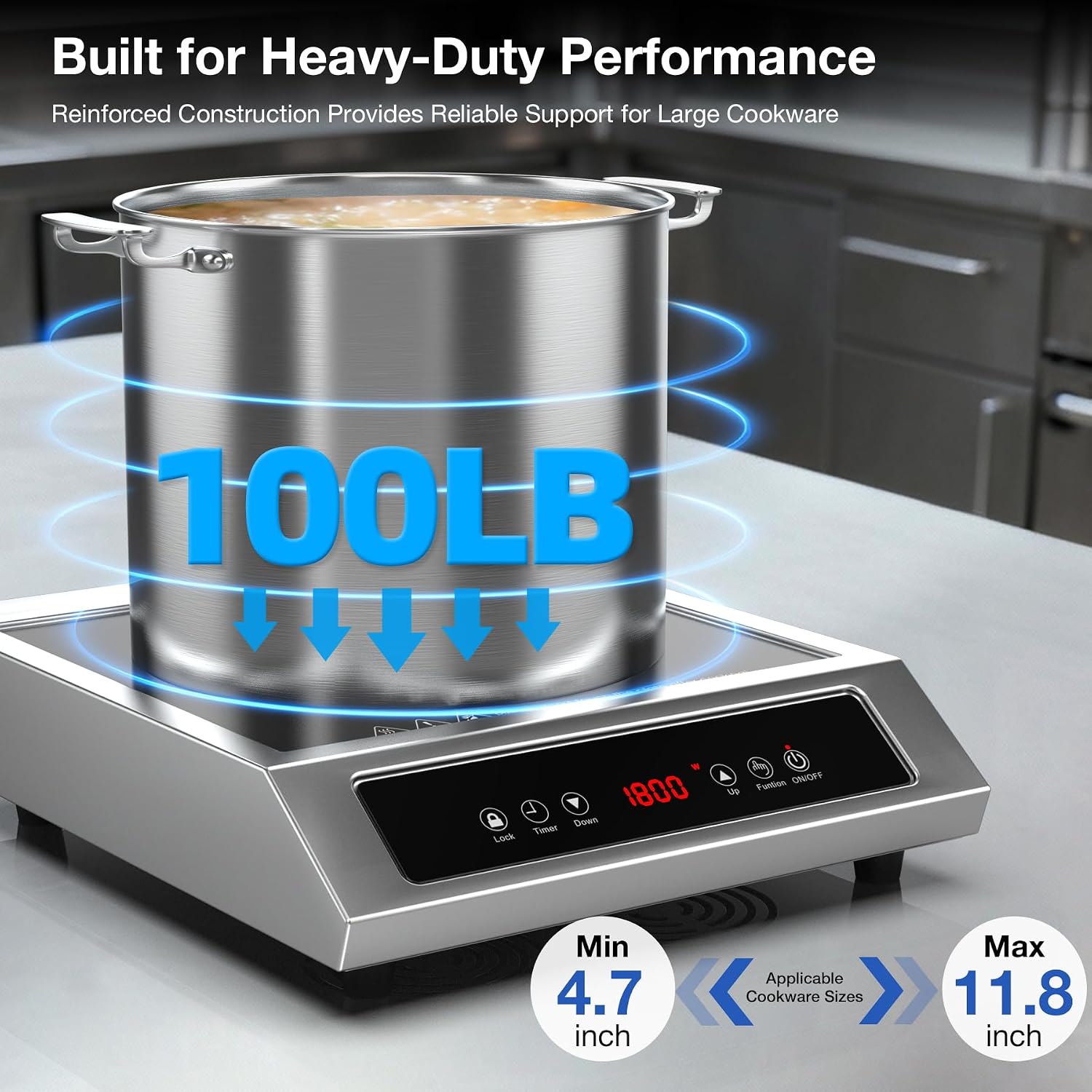 1800W Commercial Induction Cooktop, 120V Stainless Steel Electric Countertop Burner with Digital Touch Panel, 3-Hour Timer - Portable Hot Plate for Restaurant, RV or Food Truck