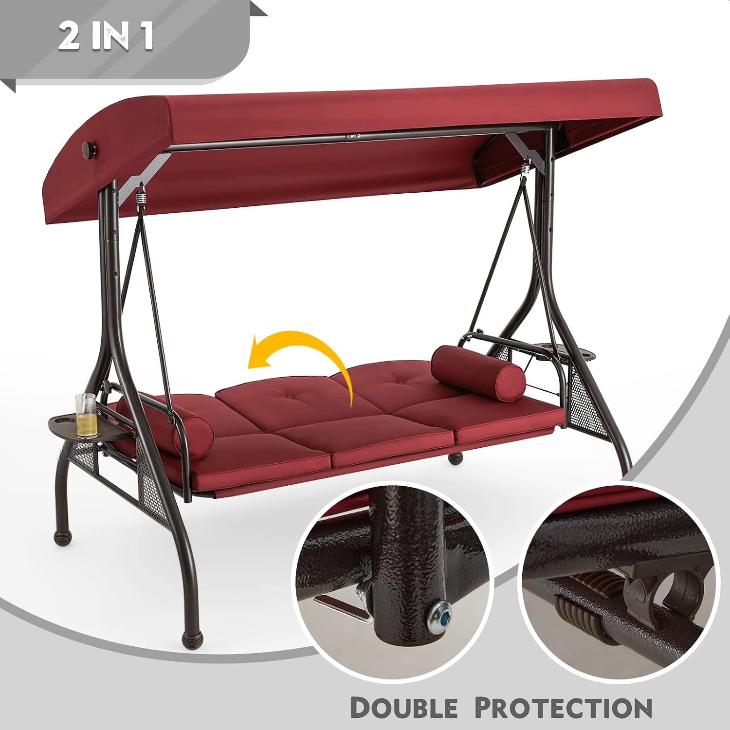 HOMREST 3 Seat Outdoor Porch Swing with Adjustable Canopy, Convertible Patio Swing Bed with Stand, Patio Glider Swing with Upgraded Cup Holder, Thicken Cushions ＆ Pillow for Backyard(Wine Red)