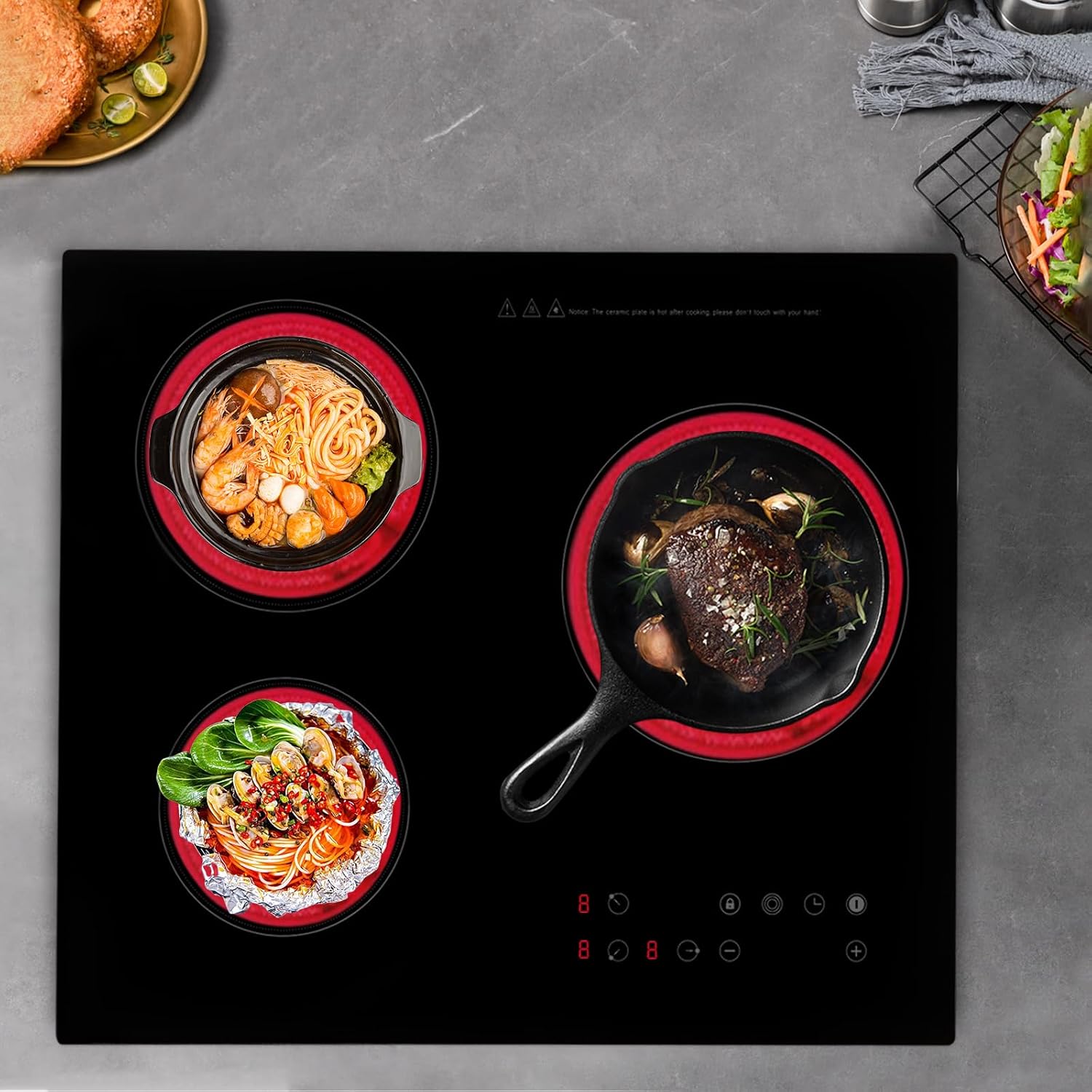 2600W 110V Electric Ceramic Cooktop Portable 3 Burners Built-in Cooktop Sensor Touch Control Countertop Electric Hot Plate with Kid Safety Lock and Timer, 9 Heating Level(no plug)