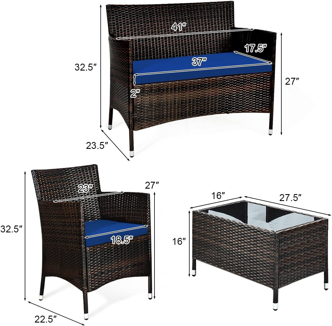 Goplus 4-Piece Rattan Patio Set, Outdoor/Indoor Wicker Conversation Set for Pool, Backyard, Lawn, Wicker Chairs and Sofa with Soft Cushion, Rattan Furniture with Tempered Glass Coffee Table