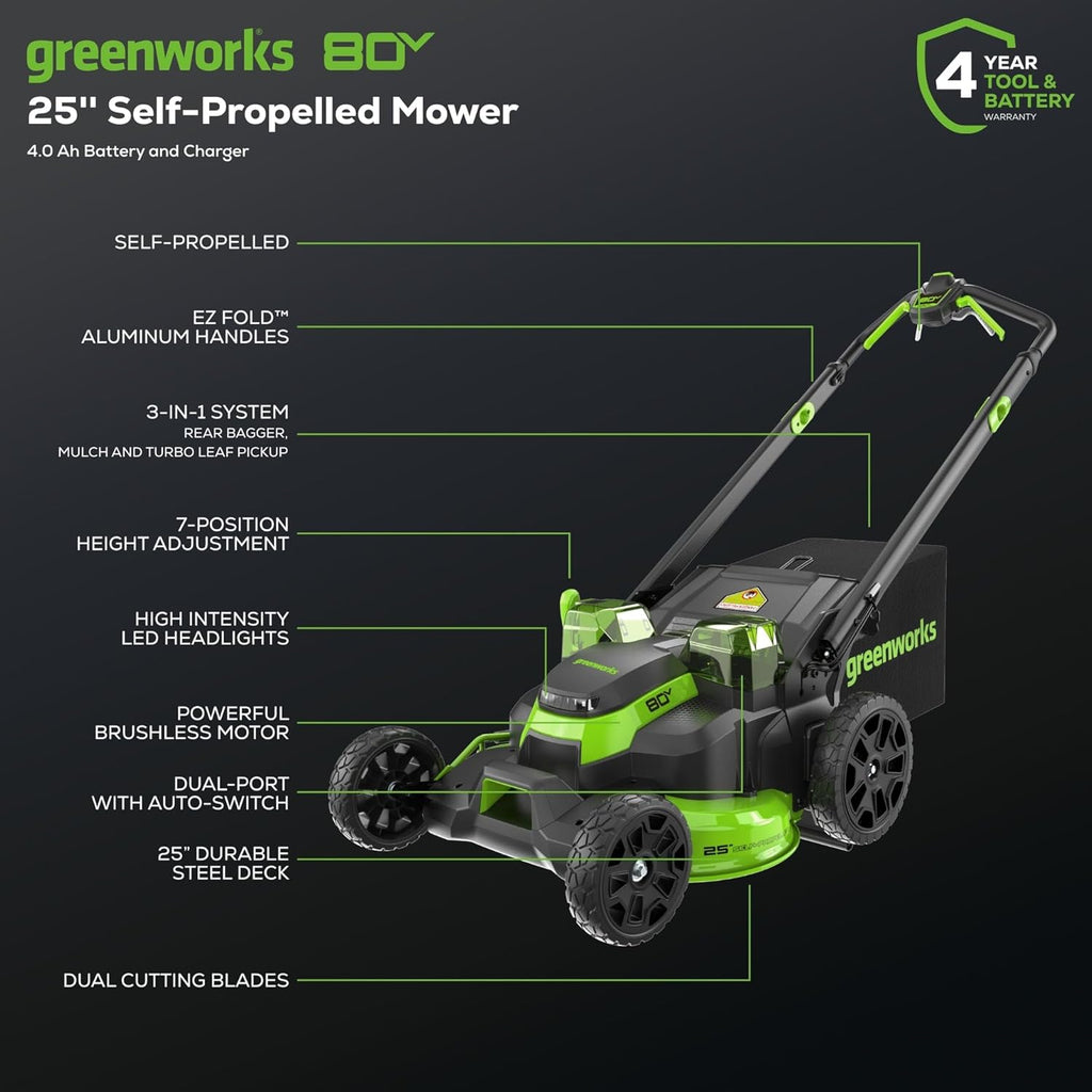 Greenworks 80V 25' Cordless Battery Brushless Self-Propelled Rear Wheel Drive 3-in-1 Lawn Mower,730 CFM Cordless Leaf Blower Combo Kit w/ (1) 4.0Ah Battery and (1)Rapid Charger