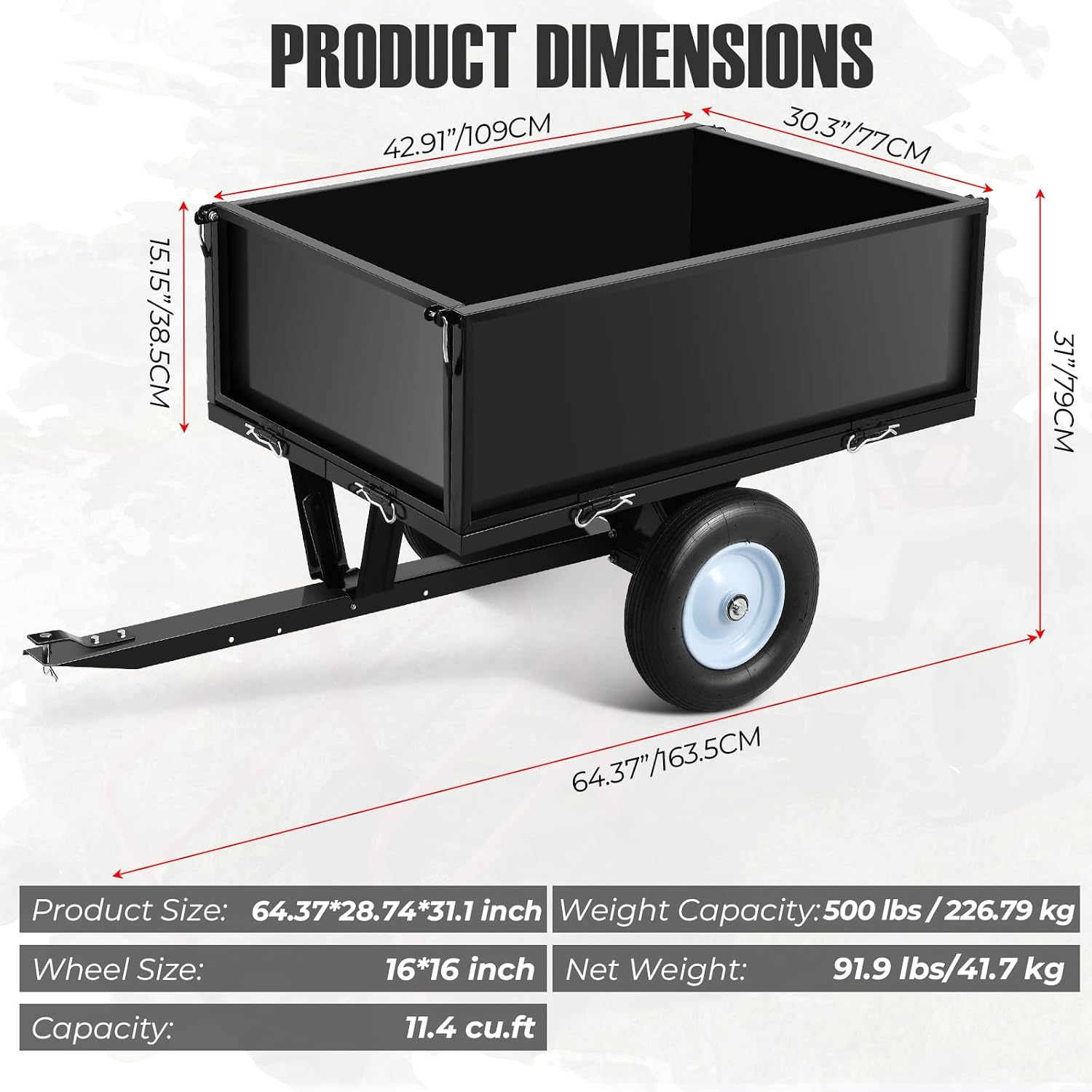 Garvee 500 LBS Load Capacity ATV Trailer Dump Cart, 11.4 Cubic Feet Heavy-Duty Steel Tow Behind Dump Cart with Removable Sides, Garden Utility Trailer for Lawn Tractor Mower, Black