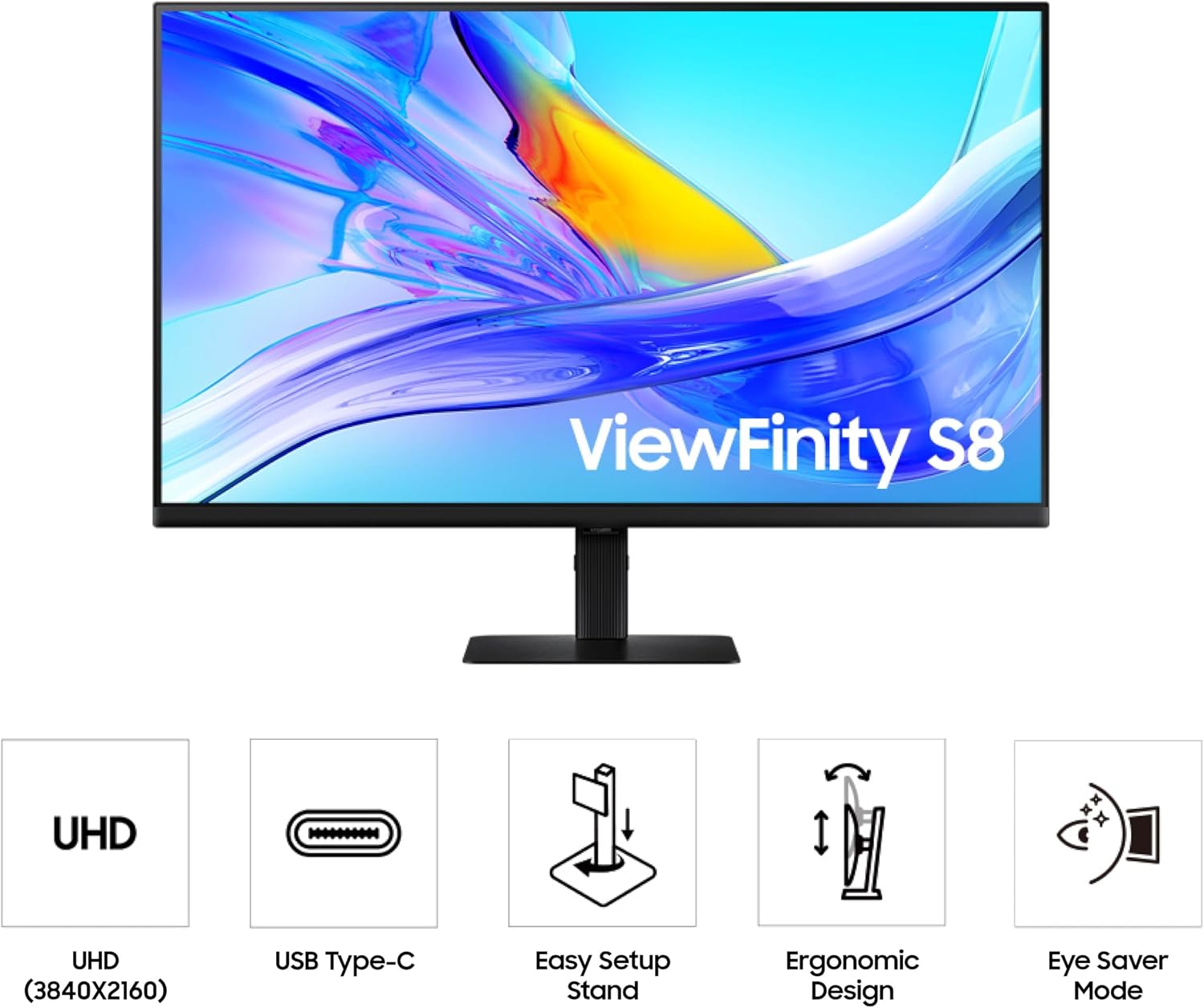 Samsung 32' ViewFinity S8 (S80UD) 4K UHD IPS HDR10 High Resolution Monitor, USB-C, Height Adjustable Ergonomic Stand, Built-in KVM Switch, Intelligent Eye Care, LS32D800UBNXGO, 2025