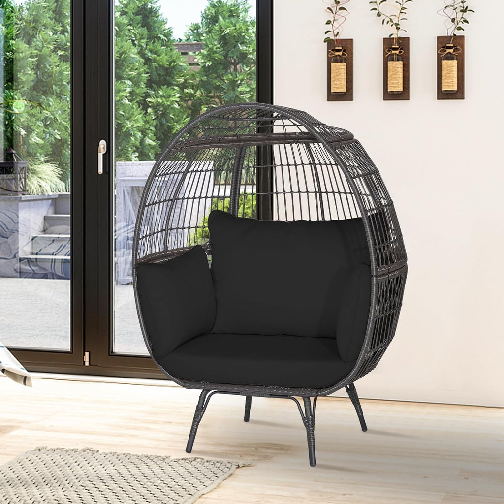 Tangkula PE Wicker Egg Chair, Patiojoy Oversized Indoor Outdoor Patio Lounge Chair with Cushions and Pillows, Steel Frame Basket Chair for Garden, Deck, Balcony, Living Room (Black)