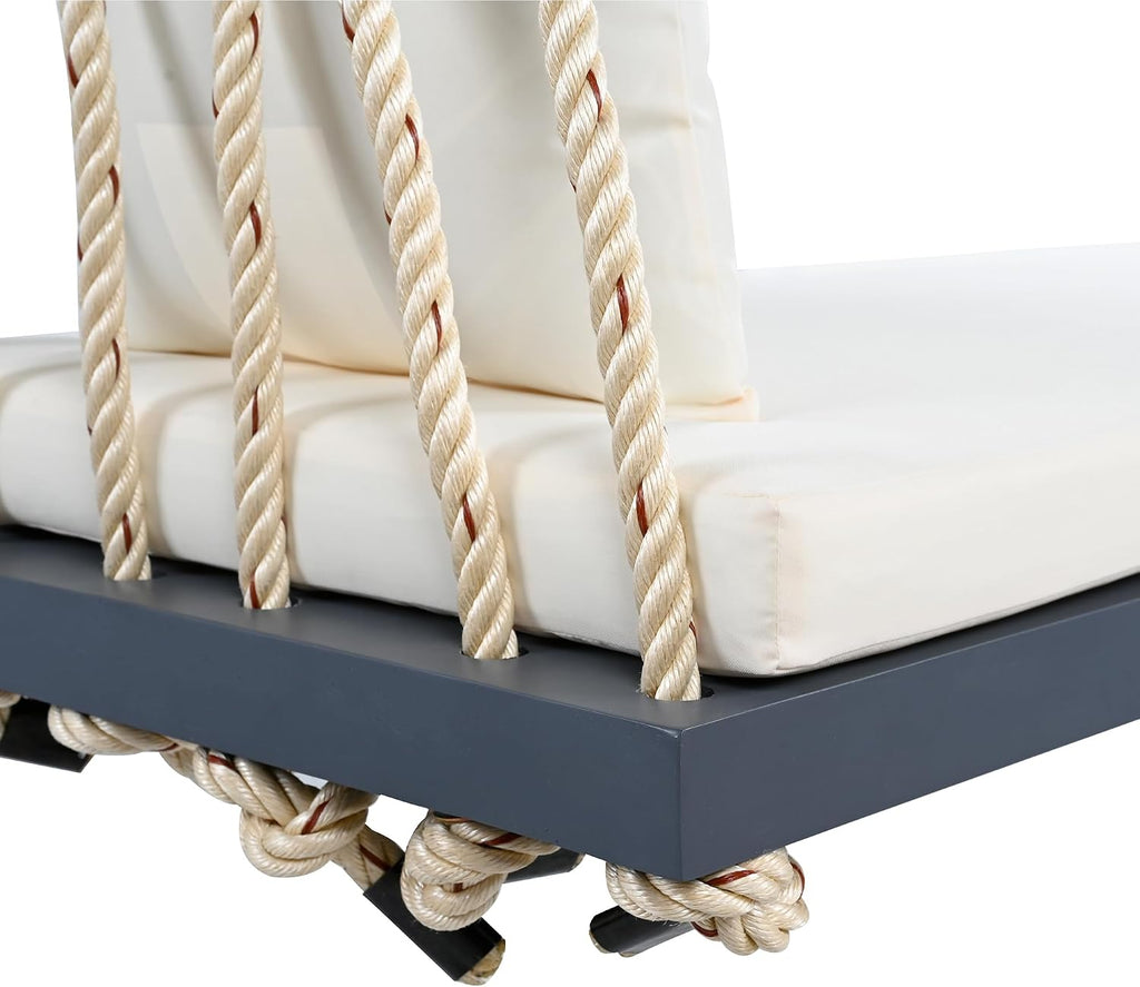 YOPTO Acacia Wood Porch Swing Bench with Cushion & Pillows, 63' Outdoor Hanging Bench for 2 Adults, Rustic Heavy Duty 10.8ft Ropes Swing Daybed for Patio Backyard Garden, White