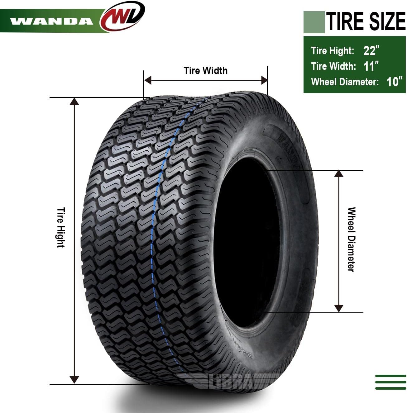 WANDA 22x11-10 22x11x10 Lawn Mower Cart Turf Tires /4 ply w/Warranty-Set 2-13045