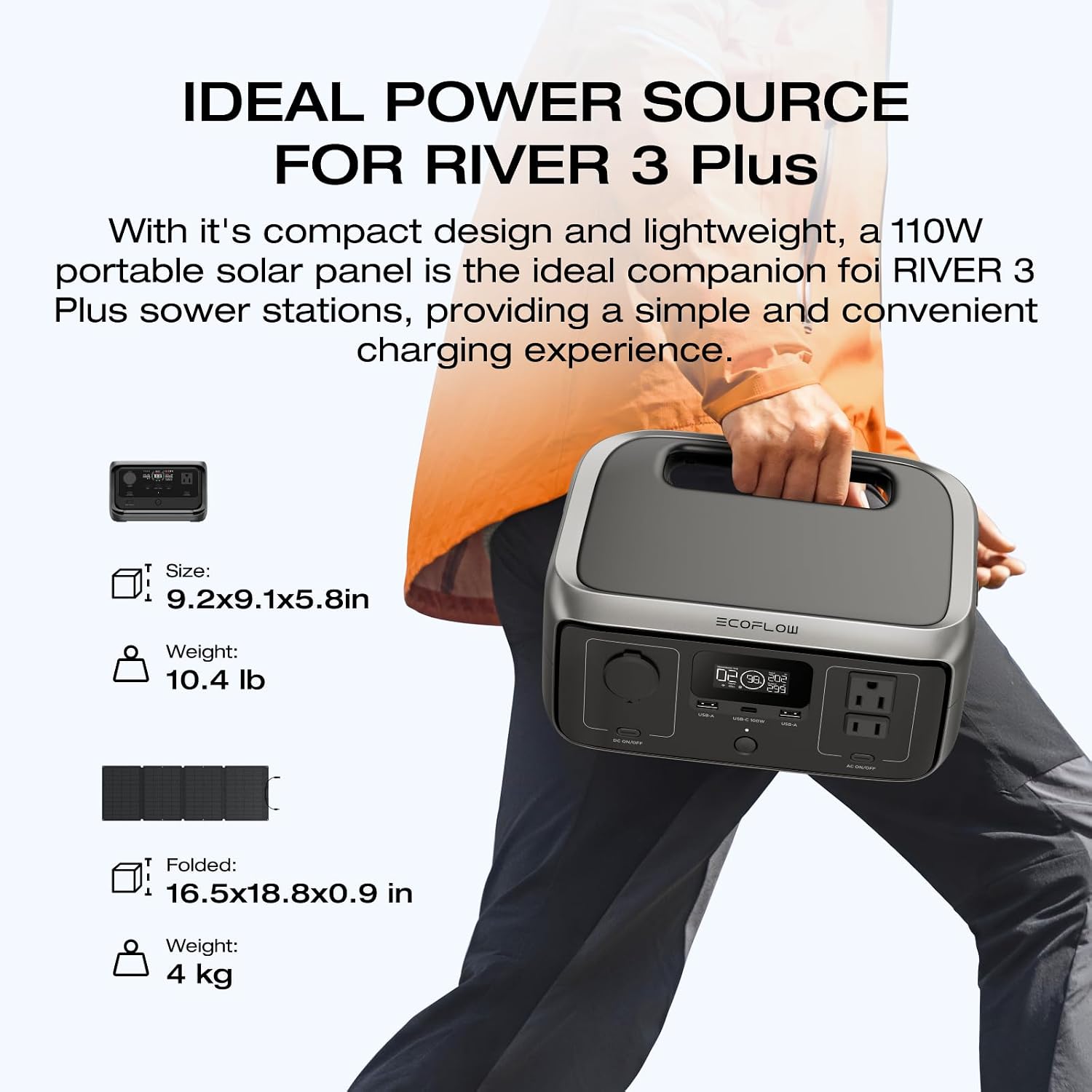 EF ECOFLOW Solar Generator RIVER 3 Plus with 110W Solar Panel, 286Wh Portable Power Station LiFePO4 Battery, 3 Up to 1200W AC Outlets, <10 MS UPS, Expandable to 858Wh, <30 dB Quiet, 1Hr Fast AC Charge