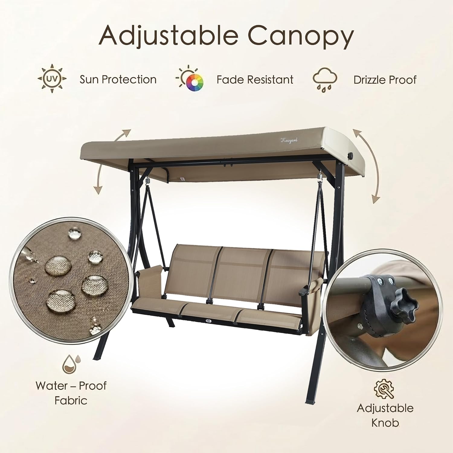 Kozyard Brenda 3-Seat Outdoor Porch Swing Glider, Patio Swing with Adjustable Canopy, Steel Frame, Breathable Textilene Seat & Back, Side Pockets (Tan)
