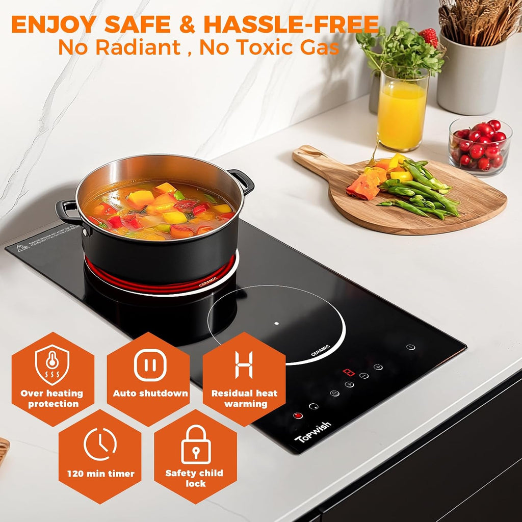 Electric Cooktop, TOPWISH 2 Burner Electric Cooktop Built-in, 110V Plug in Cook Top Stove Burners for Cooking, 12 Inch Stove Top with Touch Control, Timer, Child Lock, Over Heat Protection