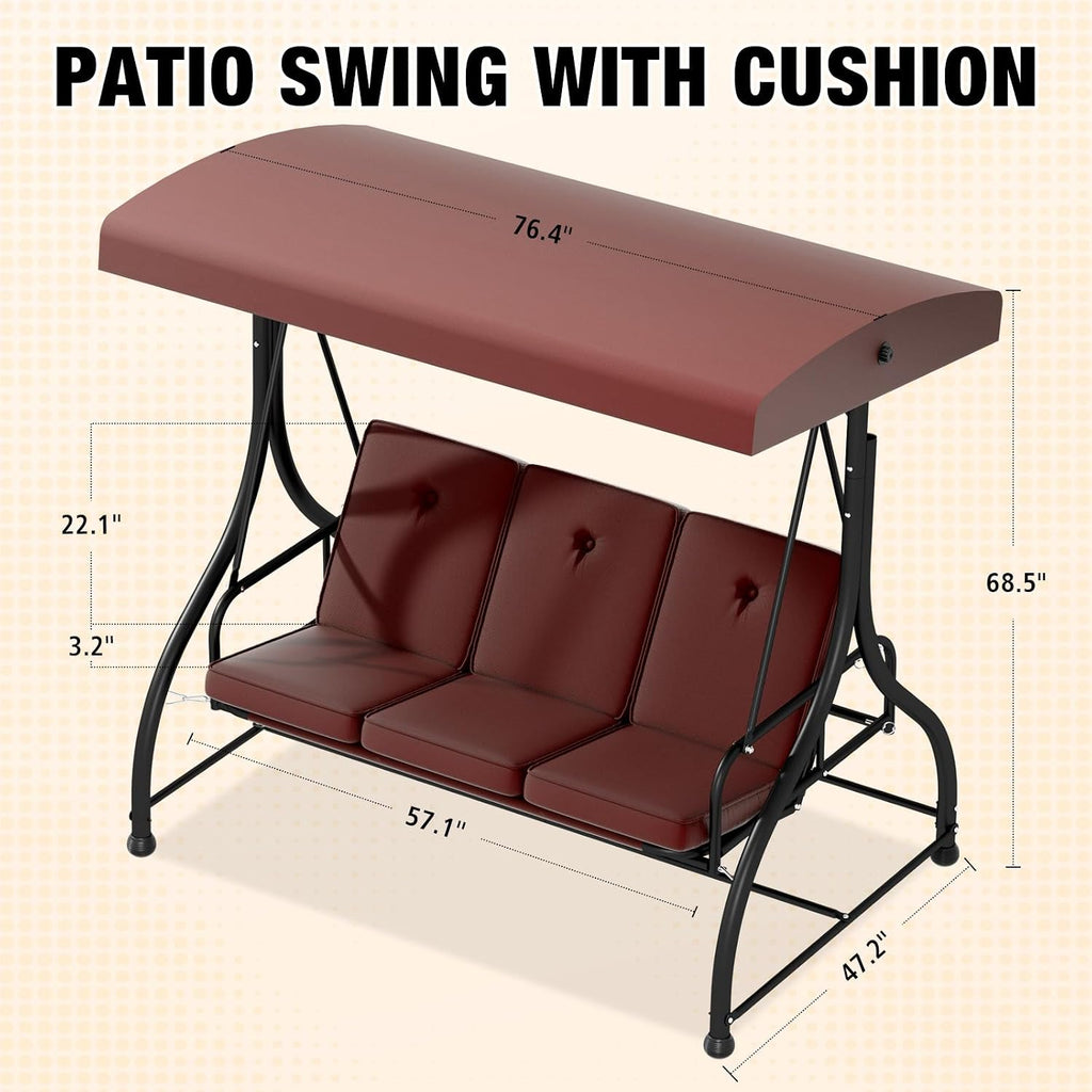 3 Seat Outdoor Porch Swing with Stand, 760 lbs Capacity Heavy Duty Patio Glider Swings for Adults, Convertible 2 in 1 Patio Swings Bed with Adjustable Canopy & Thick Cushions for Garden Yard
