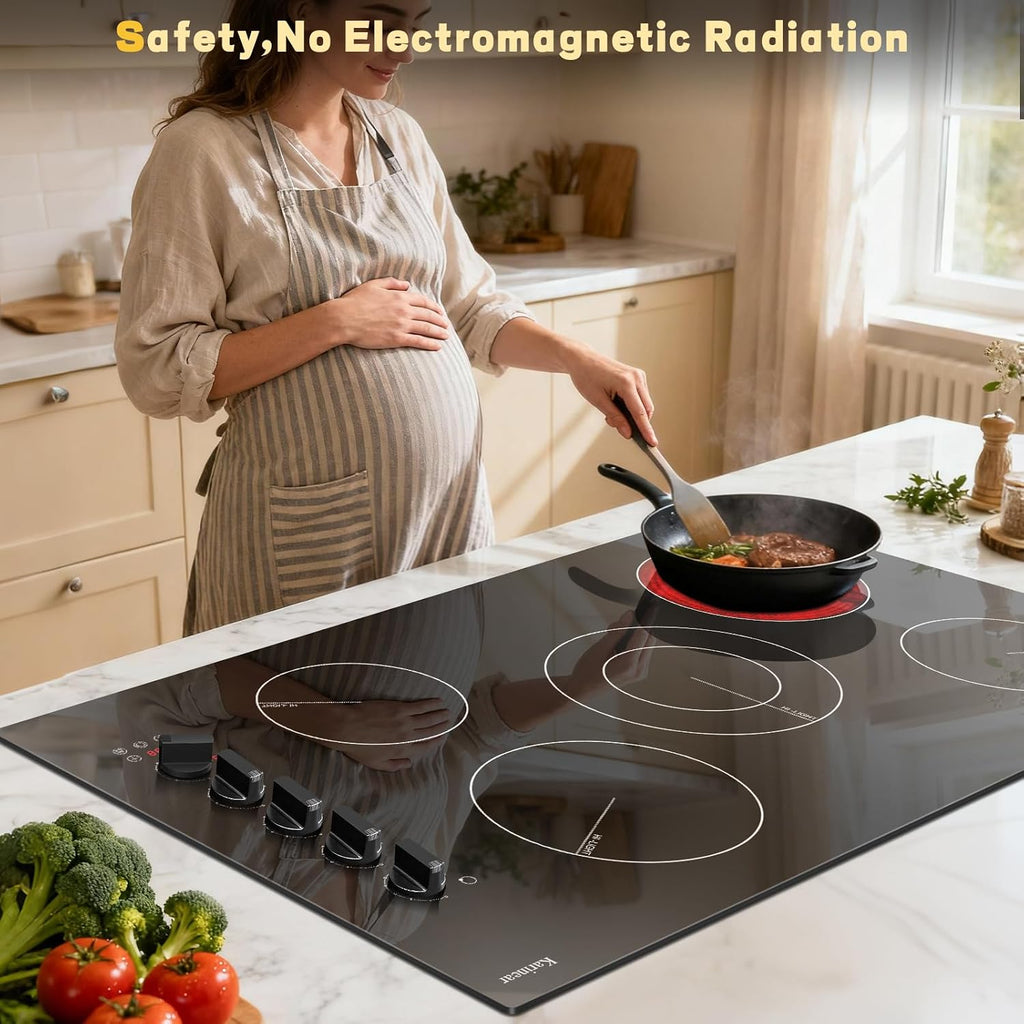 Karinear 36 Inch Electric Ceramic Cooktop, 5 Burner Radiant Electric Stove Top with Knob & Touch Control, 8900W High-Power Built-in Hob, 9 Heat Levels, 99-Min Timer, Child Lock, 240V Hardwired