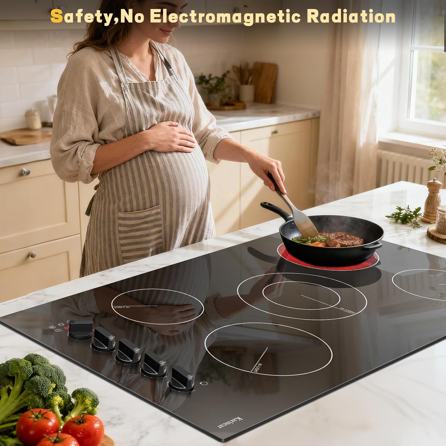 Karinear 36 Inch Electric Ceramic Cooktop, 5 Burner Radiant Electric Stove Top with Knob & Touch Control, 8900W High-Power Built-in Hob, 9 Heat Levels, 99-Min Timer, Child Lock, 240V Hardwired