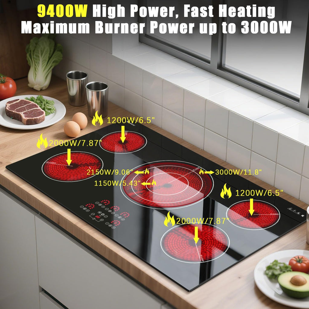 Karinear Electric Cooktop 36 Inch, Upgrade Sensor Touch 5 Burners Electric Stove Top, Built-in Ceramic Cooktop, Pause, Timer, Safety Lock, Triple Ring Expandable Burner,9400W, 220V