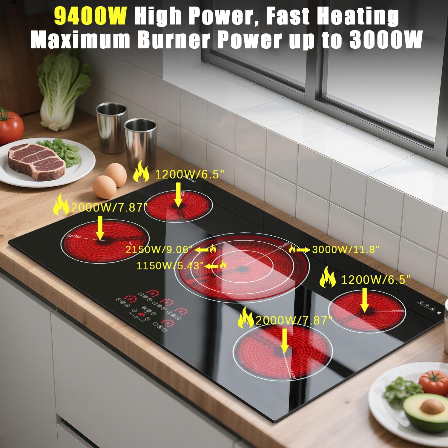 Karinear Electric Cooktop 36 Inch, Upgrade Sensor Touch 5 Burners Electric Stove Top, Built-in Ceramic Cooktop, Pause, Timer, Safety Lock, Triple Ring Expandable Burner,9400W, 220V