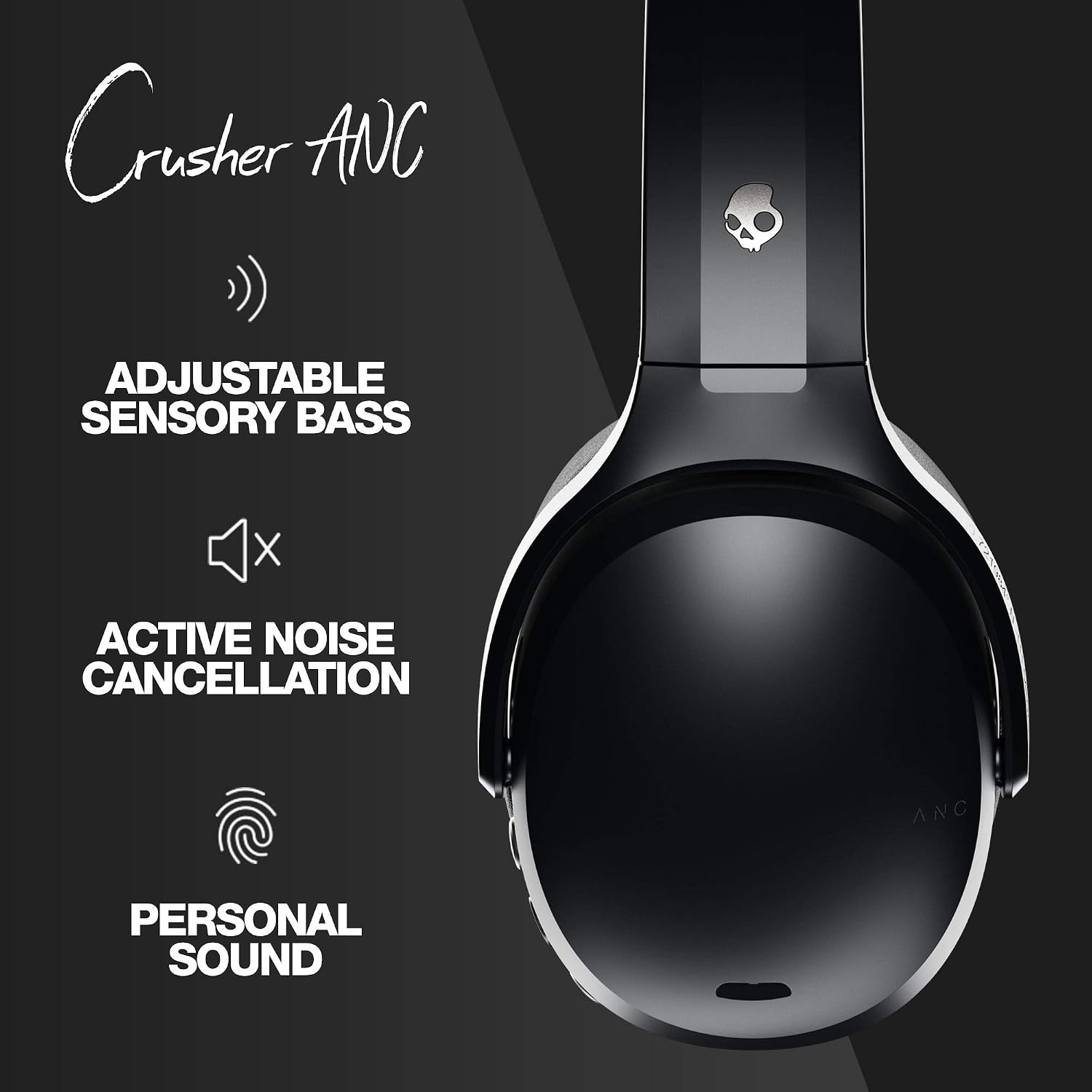 Skullcandy Crusher ANC Over-Ear Noise Canceling Wireless Headphones with Sensory Bass, 24 Hr Battery, Microphone, Works with Bluetooth Devices - Black