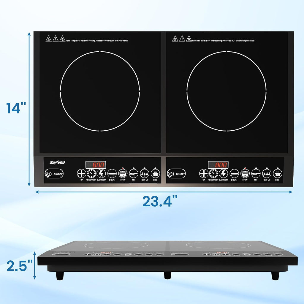 Commercial Double Burner Electric Induction Cooktop, 1000W+800W Dual Induction Hot Plate, 8 Power & 8 Temp Setting, Professional Countertop Burner Stove with Timer, LED Screen, Black