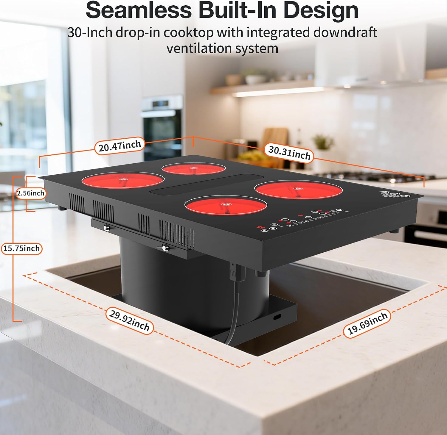 30 Inch Electric Cooktop with Downdraft: 4 Burner 220V Electric Stove Top with 10 Power Levels, Safety Lock - 6000W Built-In Cooktop for Kitchen Island