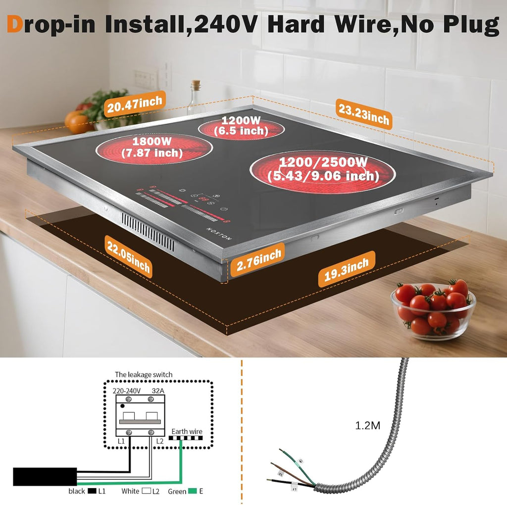 Noxton 24 Inch Electric Cooktop, 3 Burner Built-in Radiant Stove Top, Stainless Steel Frame, Dual Zone Ceramic Glass Hob, Touch Slide Control, 9 Power Levels, Timer, Child Lock, 5500W, 240V Hardwired