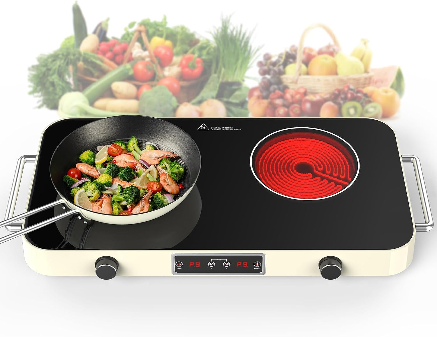 GIHETKUT Electric Cooktop, 2200W 110V Electric burner, Electric Stove Top with 2 Handle, 2 Burner Electric Cooktop with 9 Power Settings,Knob Control Child Safety Lock & Timer.
