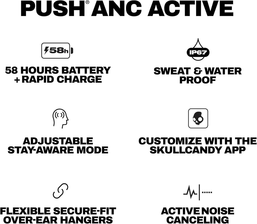 Skullcandy Push ANC Active Wireless Earbuds, Bluetooth Headphones, Noise Cancelling, 58 Hours Battery, Secure-Fit Over-Ear Hanger, Sweat and Waterproof, Microphone for iPhone Android - Primer