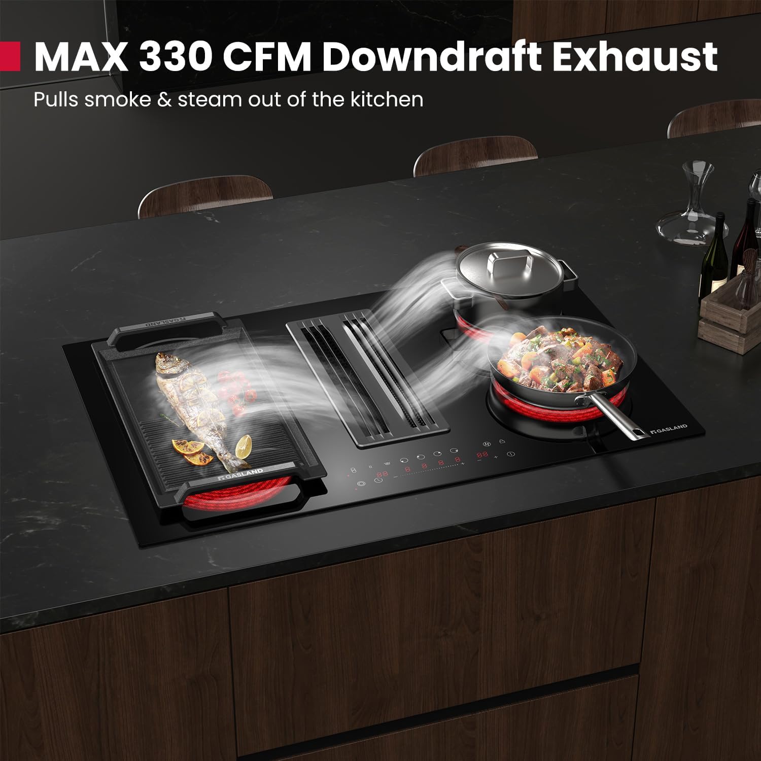 GASLAND Electric Cooktop with Downdraft 31.5 Inch(80cm), 4 Burners Glass Radiant Stovetop 220V, 3-speed Max. 330 CFM Downdraft Exhaust