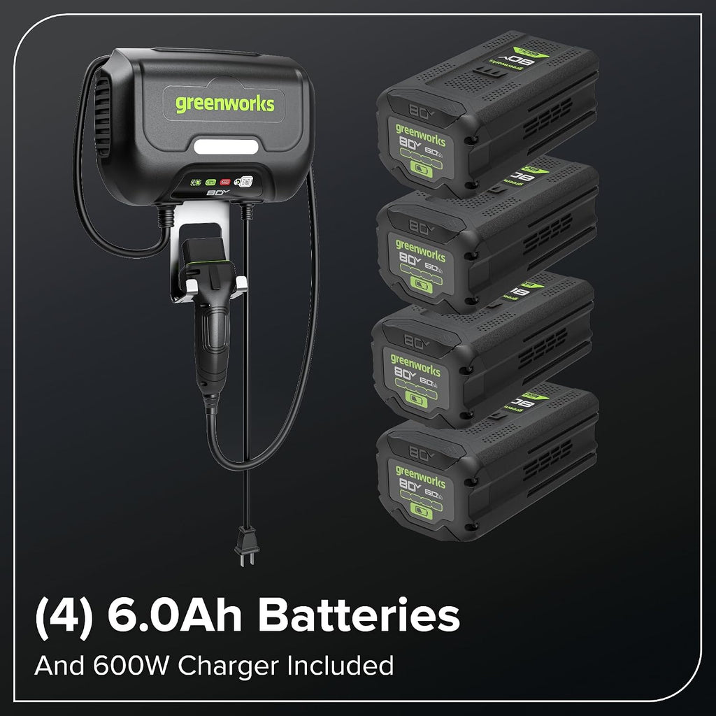 Greenworks 80V 42' CrossoverT Cordless Riding Lawn Tractor, (4) 6.0Ah Batteries and 600W Charger