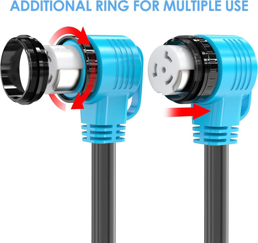 CircleCord UL Listed 50 Amp 25 Feet RV/Generator Cord with 90° Right Angle Locking Connector, Heavy Duty 6/3+8/1 Gauge STW Wire, 14-50P to SS2-50R for RV Camper Trailer and Generator to House