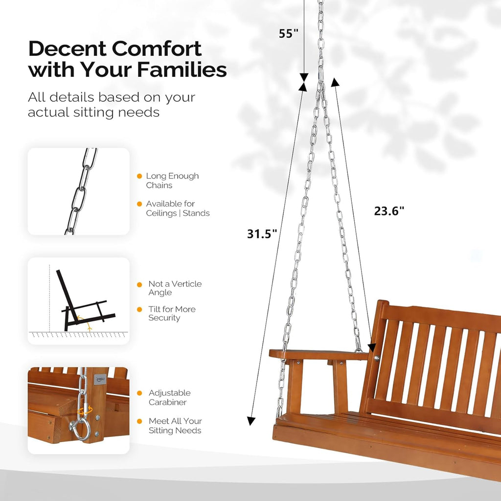 VINGLI Heavy Duty 880 LBS 5 FT Patio Wooden Porch Swing Outdoor with Upgraded Adjustable Chains, Outdoor Hanging Swing Bench for Garden, Yard, Balcony (5 FT, Brown)