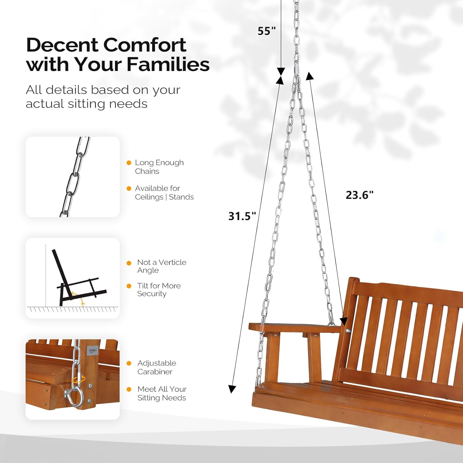 VINGLI Heavy Duty 880 LBS 5 FT Patio Wooden Porch Swing Outdoor with Upgraded Adjustable Chains, Outdoor Hanging Swing Bench for Garden, Yard, Balcony (5 FT, Brown)