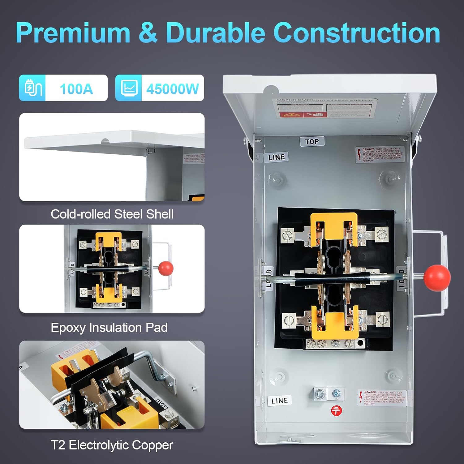 100A Generator Transfer Switch, 12000/24000/45000W General-Duty Double-Throw Safety Switch, 120/240/450V Manual Transfer Switch with Arc Extinguishing Cover, NEMA 3R Standards for Indoor/Outdoor Use