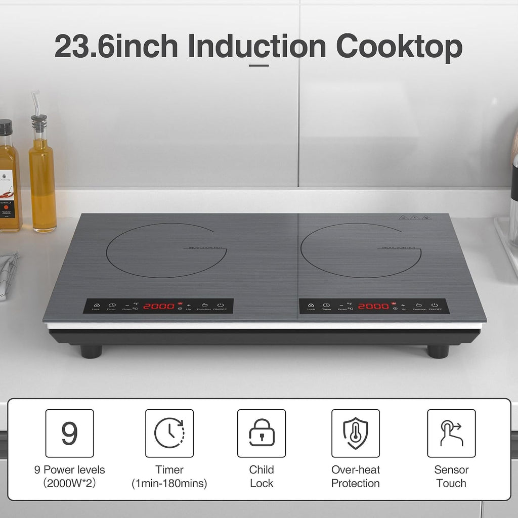 VBGK Double Induction Cooktop, 24 inch 4000W Electric cooktop with hot plate, induction stove top with LED Touch Screen 9 Levels Settings with Child Safety Lock & Timer 110V Induction cooktop 2 burner