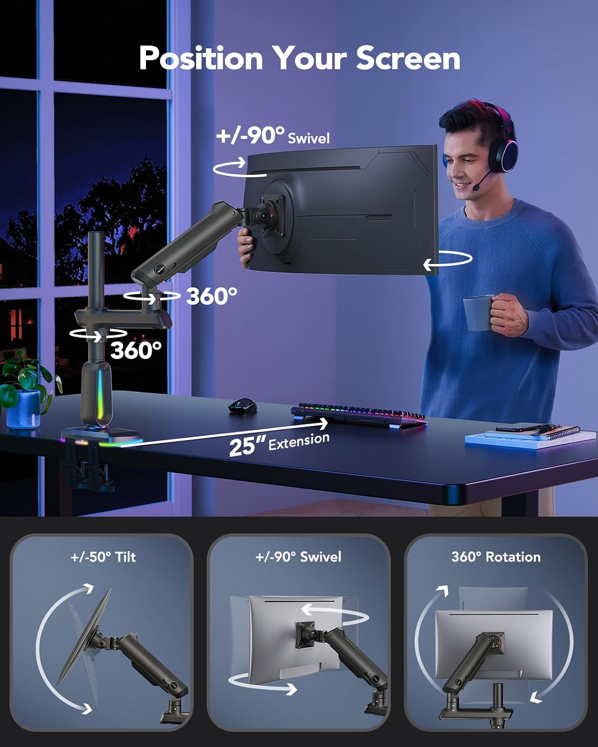 HUANUO RGB Heavy Duty Monitor Arm for Ultrawide Screens up to 57', Holds 44 lbs, Tall Ultrawide Monitor Stand with 29.1' Max Height, Fully Adjustable Single Computer Desk Mount, Max VESA 100x100mm