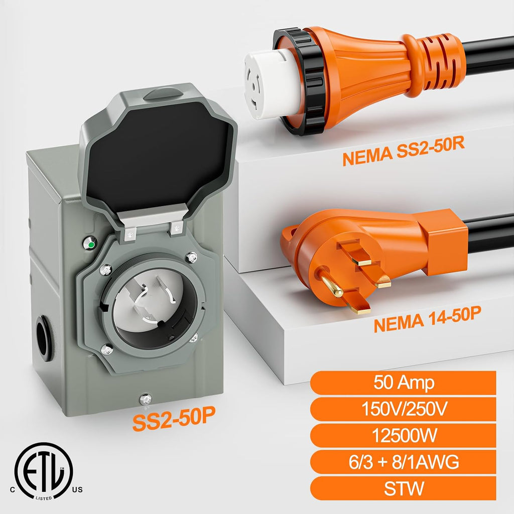 50 Amp Generator Cord and Pre-Drilled Inlet Box Kit, 25ft Generator Cable Extension 50A 4 Prong NEMA 14-50P to SS2-50R with Twist Lock, Heavy Duty STW Wire for RV Camper & House, ETL Listed