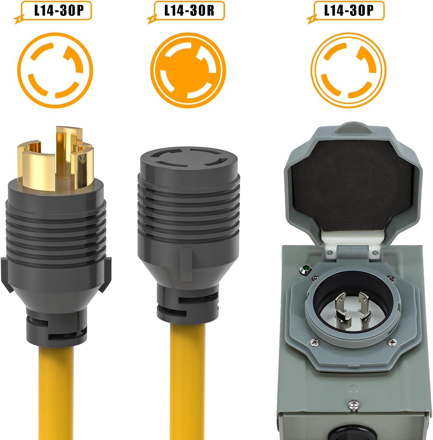 E-SDS 30 Amp Generator Power Cord 50FT and Generator Inlet Box Kit, Nema L14-30P Generator Outlet Box with RV Extension Cord for Outdoor Use, 125/250V, 7500W
