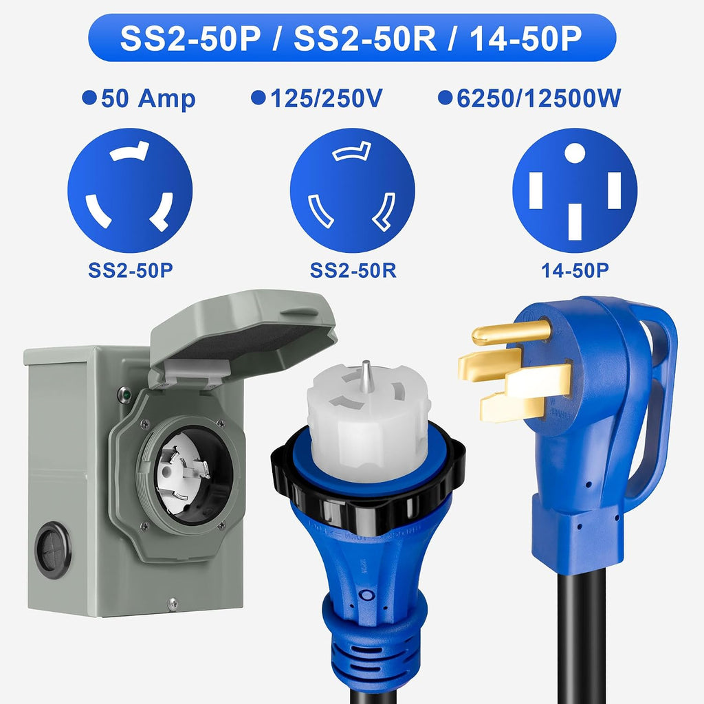 50 Amp Generator Cord and Inlet Box Combo Kit, 50FT NEMA 14-50P to SS2-50R Cord, Pre-Drilled Inlet Box, Waterproof, UL & ETL Listed