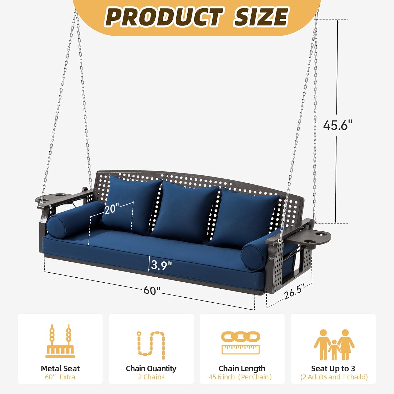 3 Seat Hanging Porch Swing, Patio Swing Bench with Cup Holders & 3 Back Cushions, Swing Chair with Chains for Deck Garden Backyard,Blue(60-Inch Width)