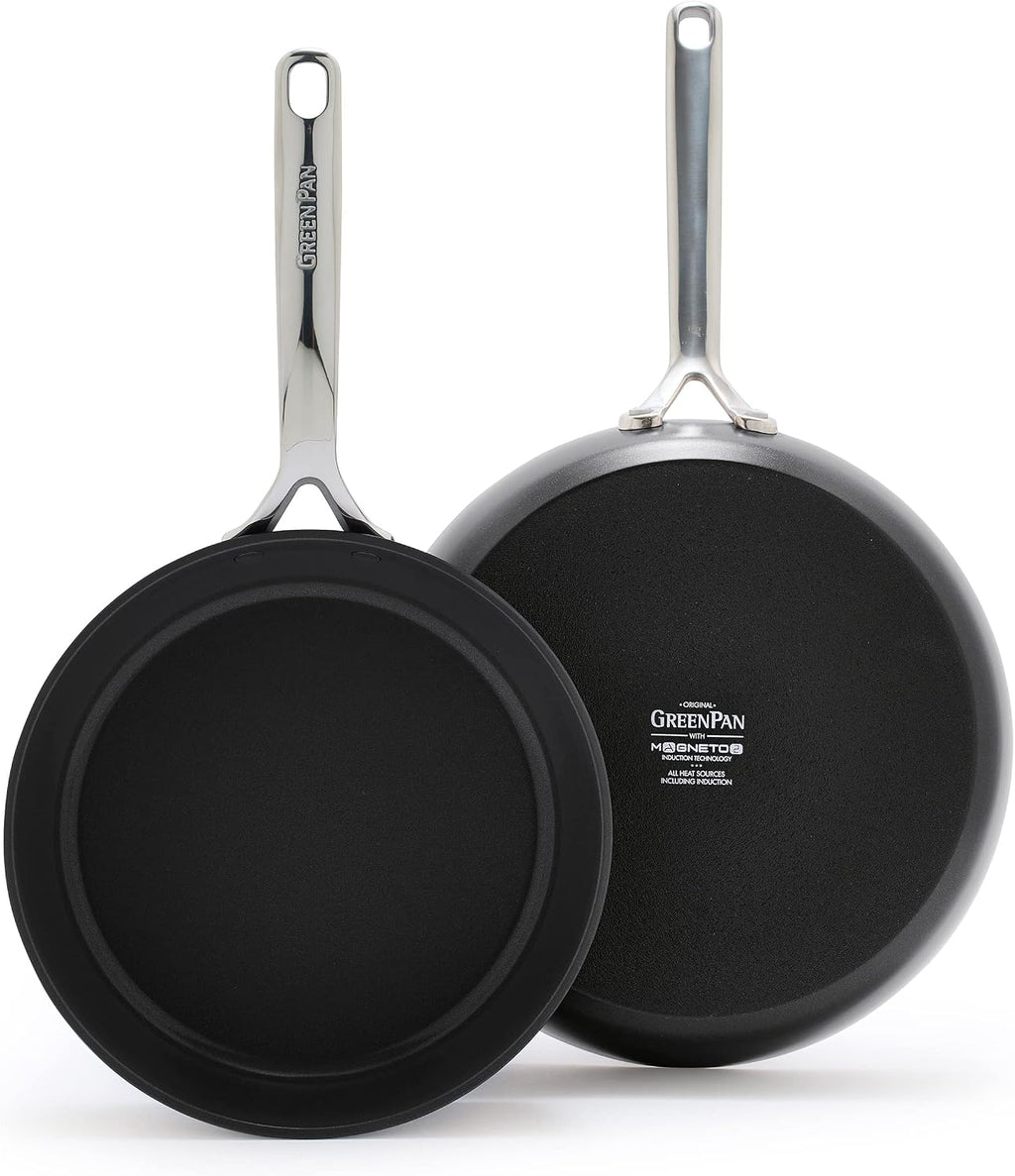 GreenPan 9.5' & 11' Ceramic Nonstick Frying Pan Skillet Set, PFAS-Free, Hard Anodized Cookware, Induction Compatible & All Cooktops, Dishwasher & Oven Safe, GP5 Stay-Flat Surface, Black
