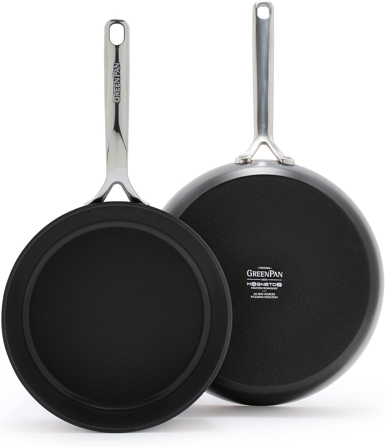 GreenPan 9.5' & 11' Ceramic Nonstick Frying Pan Skillet Set, PFAS-Free, Hard Anodized Cookware, Induction Compatible & All Cooktops, Dishwasher & Oven Safe, GP5 Stay-Flat Surface, Black
