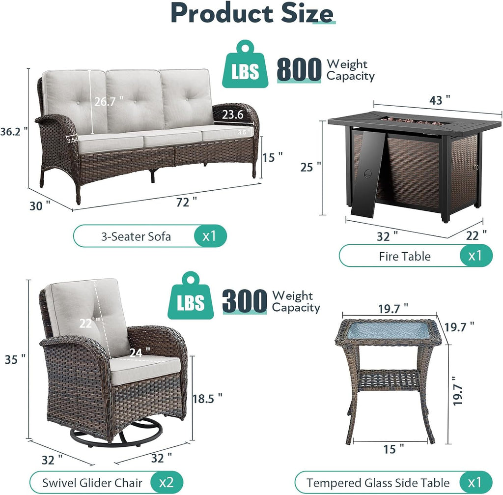 5 Piece Patio Furniture Set with Fire Pit Table - Wicker Patio Conversation Set with Swivel Glider, 3-Seat Sofa, Tempered Glass Side Table for Deck Backyard - Brown Wicker Beige Cushion