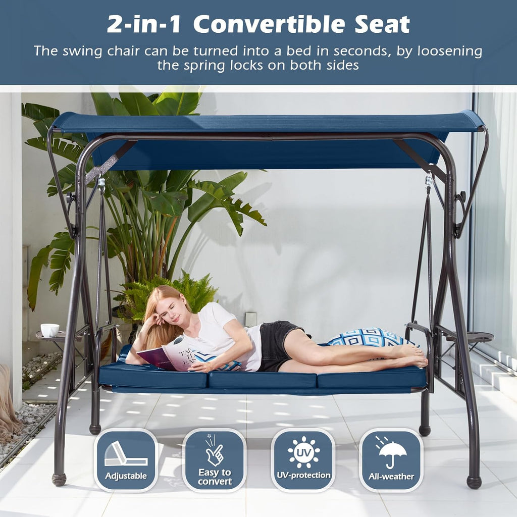 ZZW 800LBS Patio Swing with Canopy 3 Seat Outdoor Porch Swing with Stand w/Cup Holder & Pillow Glider Chair Swing Bed for Patio Backyard Poolside (Blue)
